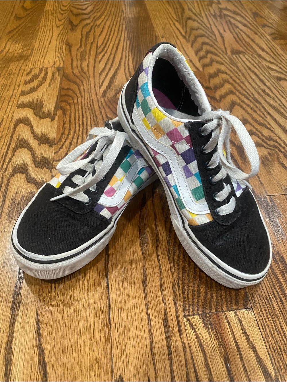 Kids Vans Old Skool Missy rainbow checkerboard sneakers, size 13.